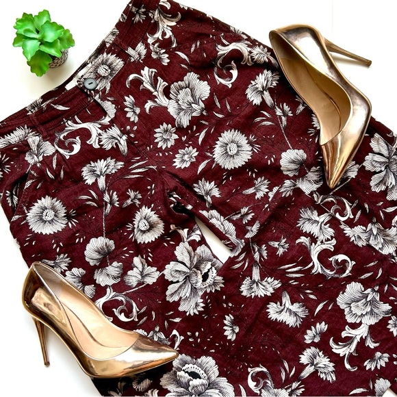 Anthropologie Floral Wide-Leg Linen Blend Pants Brown Trousers Size 2 - Picture 1 of 14